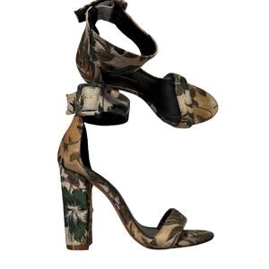 Olivia Ferguson Leaf Tropical Block Heel 8 Ankle Strap Green Tan Resort Vacation
